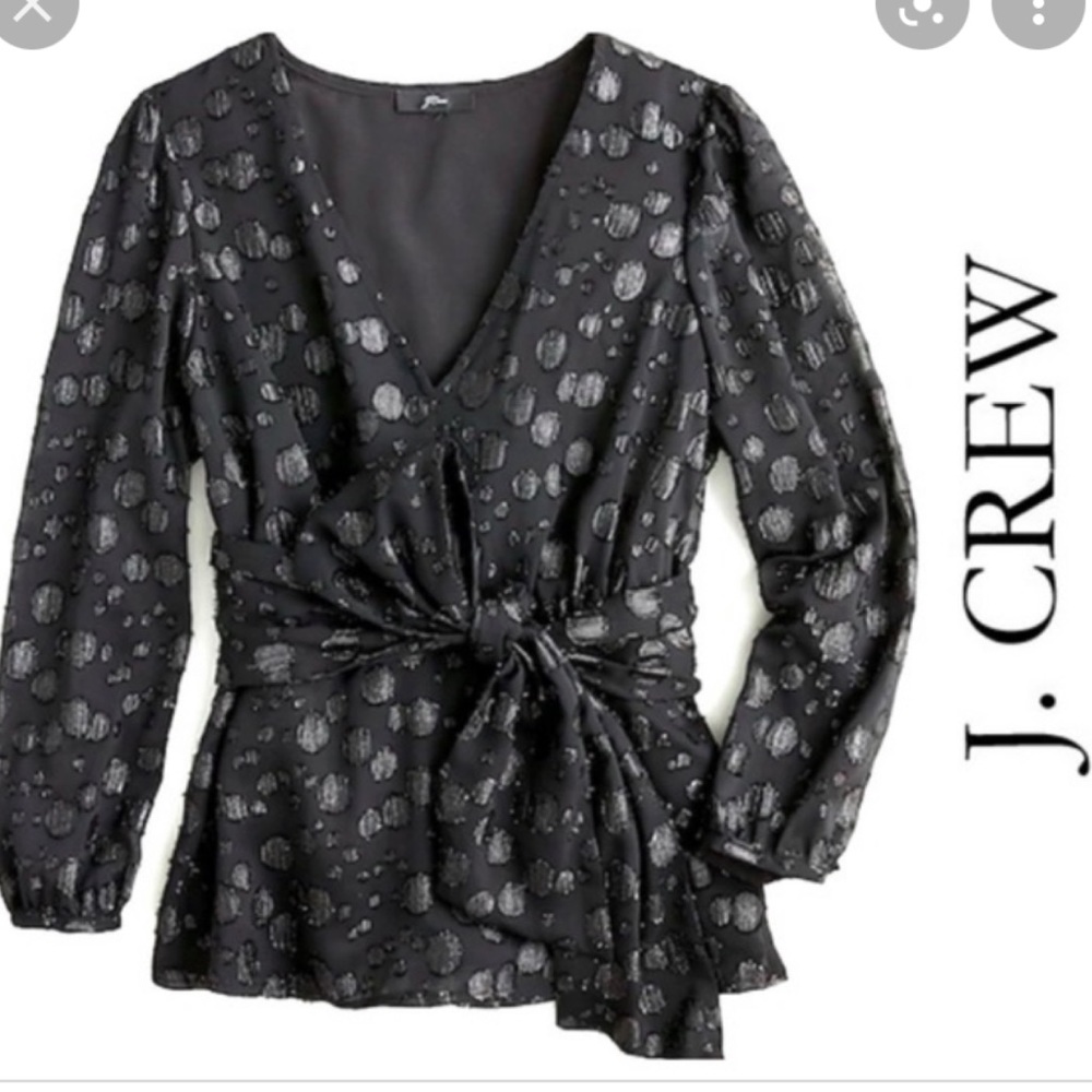 J. Crew Tie-waist V-neck Top Metallic Dot
